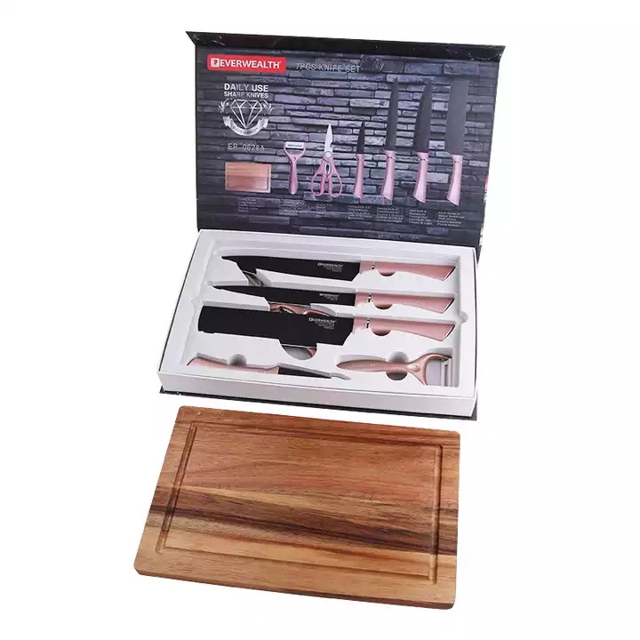 Hot Selling Gift Box 7 Stukken Keukengerei Roestvrij staal Zwart Blad Mes Set Met Snijplank 