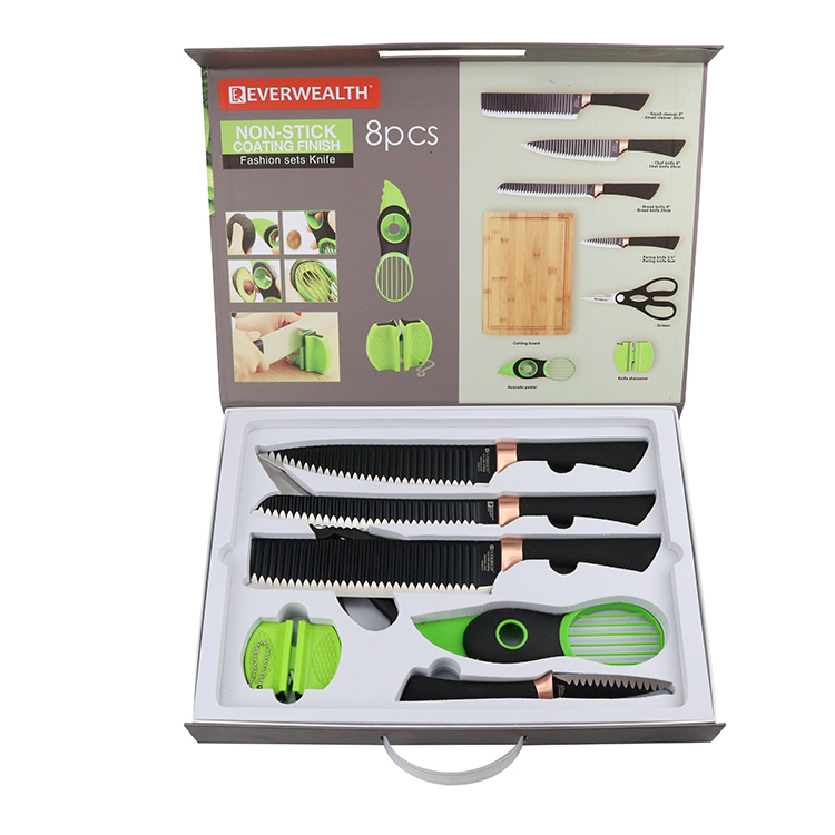 Nieuwe Ontwerp Groene Kleur Giftdoos Verpakking Schaar Avocado Peeler En PP Handvat Keukenmes Set Met Bamboe Snijplank 